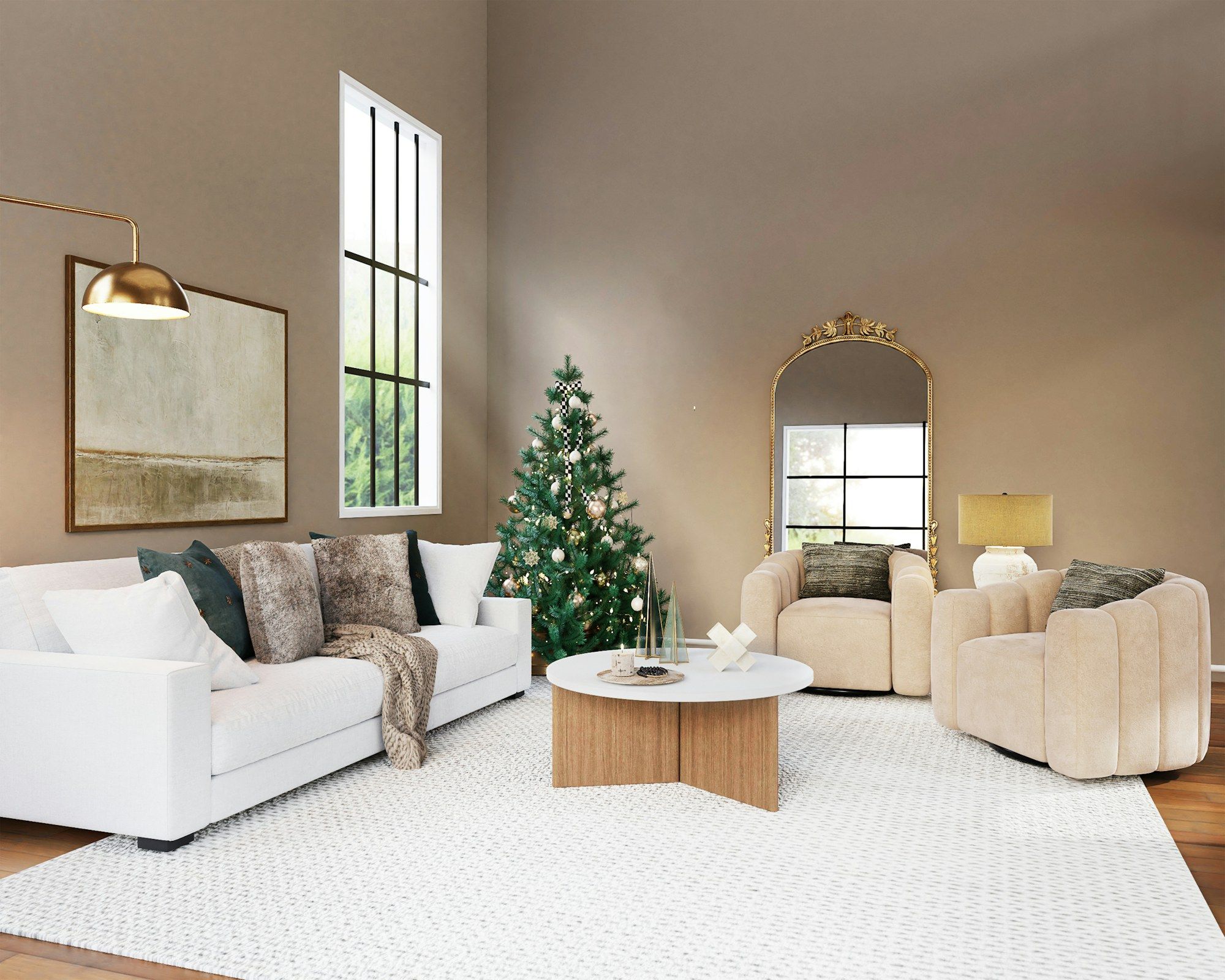 A Christmas tree standing in the corner of a bright living room with tall windows.